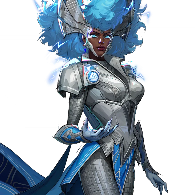 Full body portrait of Storm's Goddess of Thunder skin.'